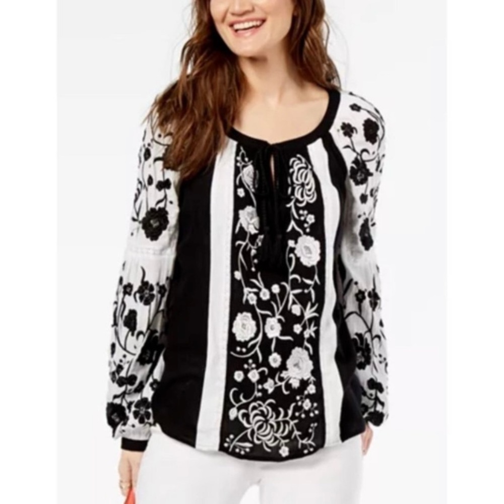 INC International Concepts Embroidered Boho Peasant Top Black White Size Medium